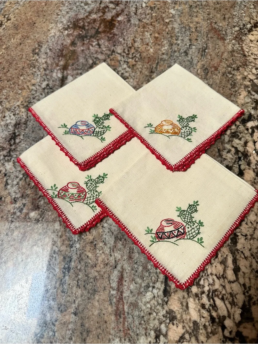 Embroidered Cactus Napkin Set with Red Crochet Edge